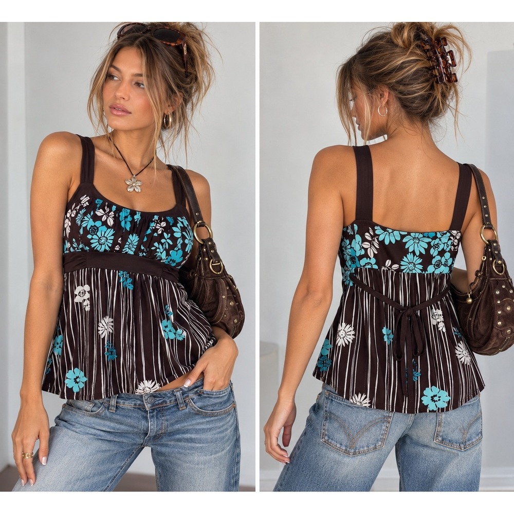 Speechless Y2K Floral Babydoll Tank Top S Brown Turquoise Striped Boho 2000s